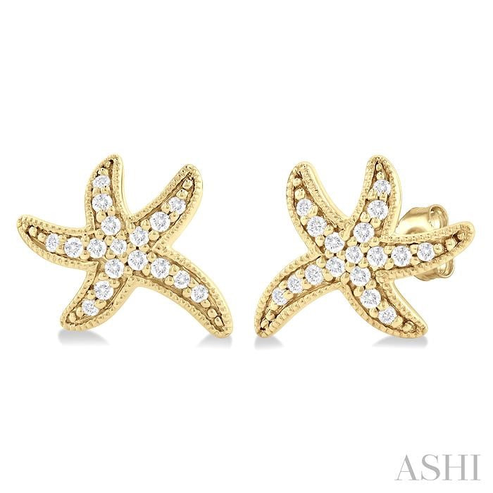 1/8 Ctw Petite Milgrain Starfish Round Cut Diamond Fashion Stud Earrings in 10K Yellow Gold