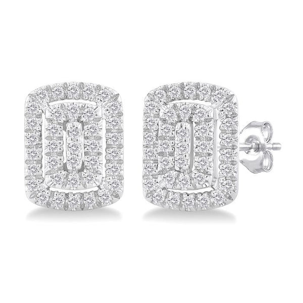 1/5 Ctw Double Halo Emerald Shape Petite Round Cut Diamond Fashion Stud Earrings in 10K White Gold