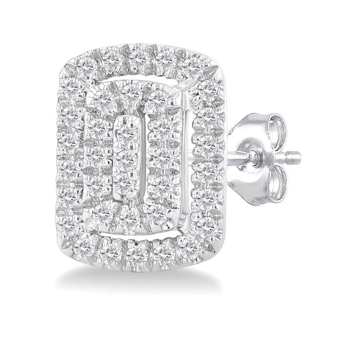 1/5 Ctw Double Halo Emerald Shape Petite Round Cut Diamond Fashion Stud Earrings in 10K White Gold