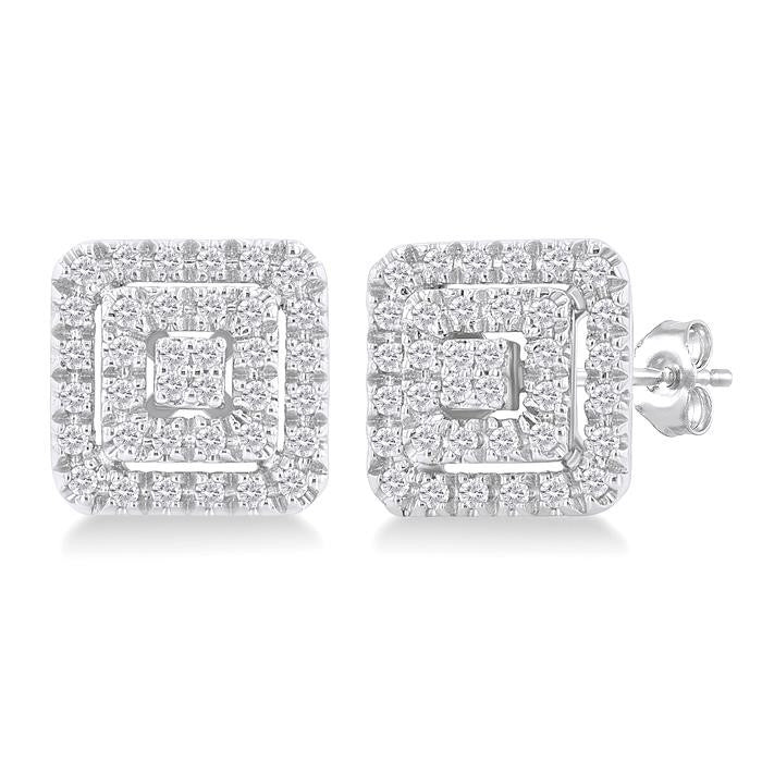 1/5 Ctw Double Halo Square Shape Petite Round Cut Diamond Fashion Stud Earrings in 10K White Gold