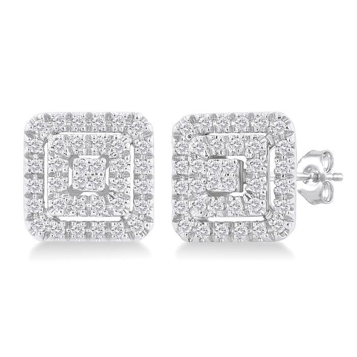 Princess Shape Petite Halo Diamond Fashion Earrings