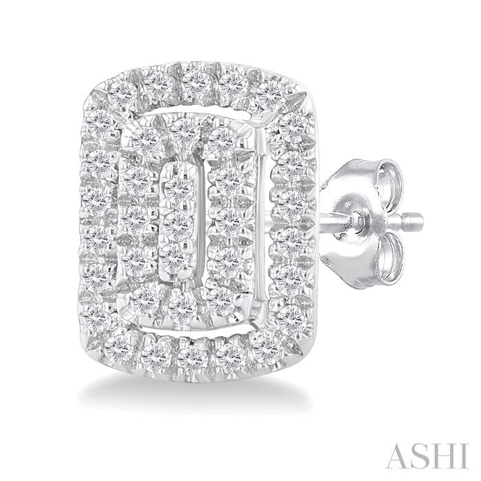 1/5 Ctw Double Halo Emerald Shape Petite Round Cut Diamond Fashion Stud Earrings in 10K White Gold