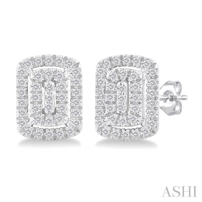 1/5 Ctw Double Halo Emerald Shape Petite Round Cut Diamond Fashion Stud Earrings in 10K White Gold