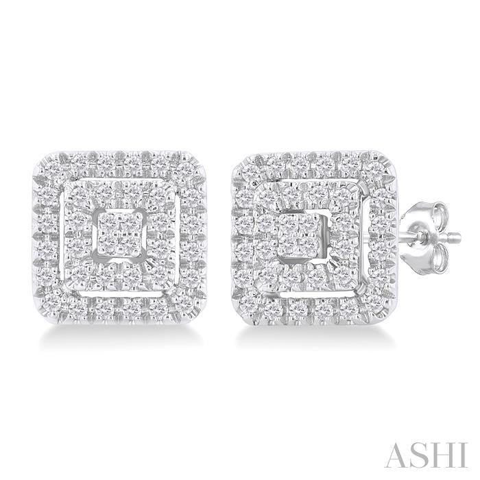 1/5 Ctw Double Halo Square Shape Petite Round Cut Diamond Fashion Stud Earrings in 10K White Gold