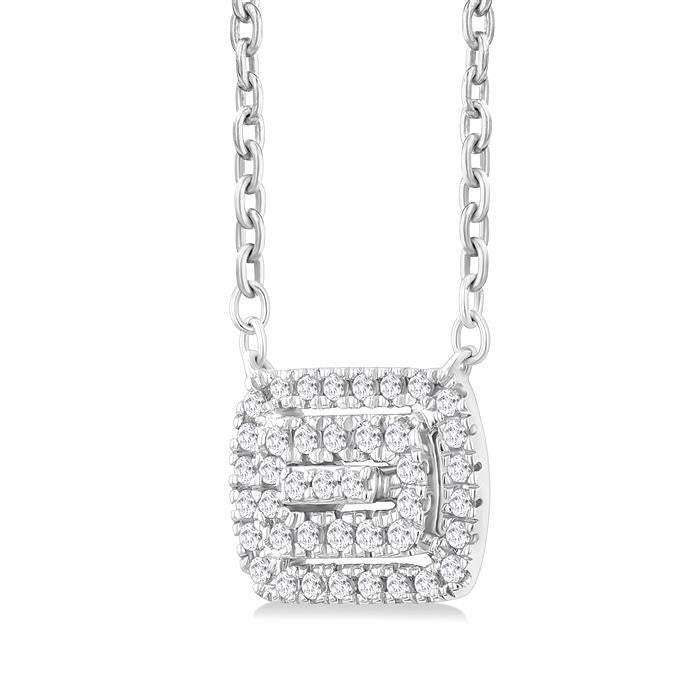 1/6 Ctw Double Halo Emerald Shape Petite Round Cut Diamond Fashion Pendant With Chain in 10K White Gold