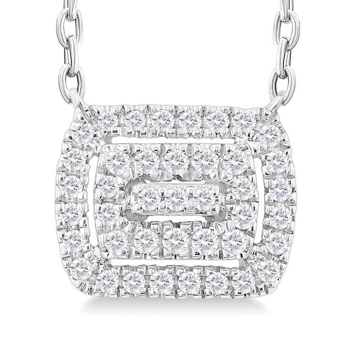 1/6 Ctw Double Halo Emerald Shape Petite Round Cut Diamond Fashion Pendant With Chain in 10K White Gold