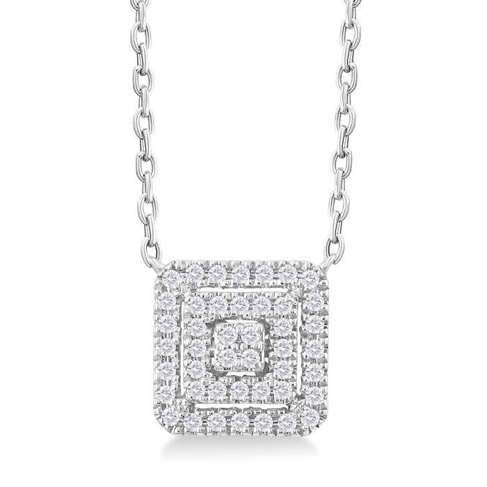 1/6 Ctw Double Halo Square Shape Petite Round Cut Diamond Fashion Pendant With Chain in 10K White Gold