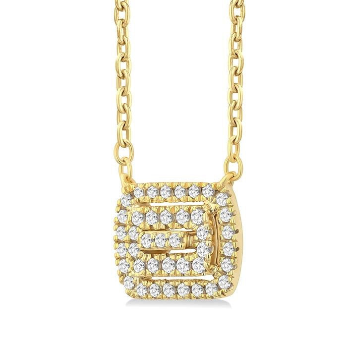 1/6 Ctw Double Halo Emerald Shape Petite Round Cut Diamond Fashion Pendant With Chain in 10K Yellow Gold