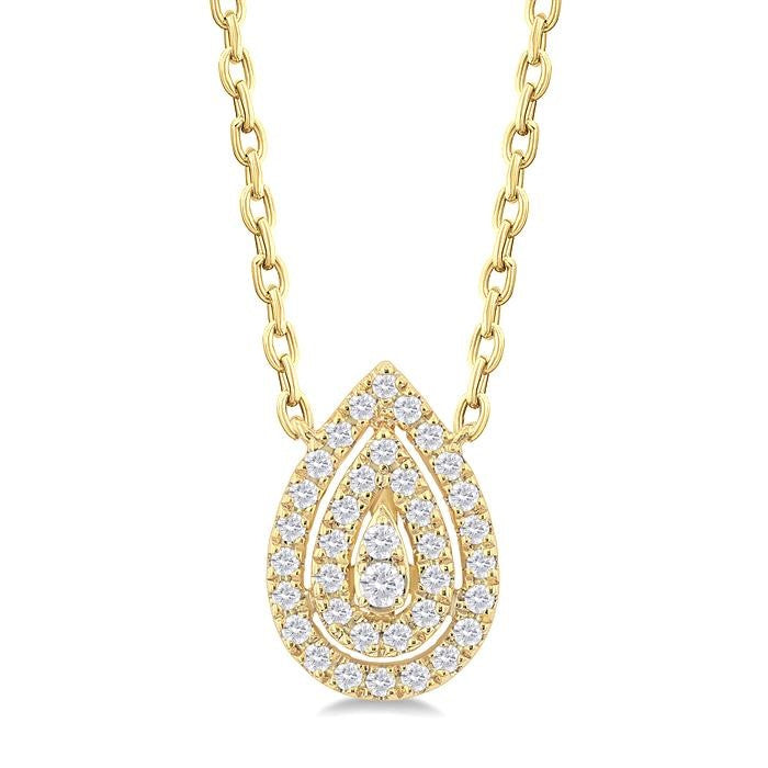 1/6 Ctw Double Halo Pear Shape Petite Round Cut Diamond Fashion Pendant With Chain in 10K Yellow Gold