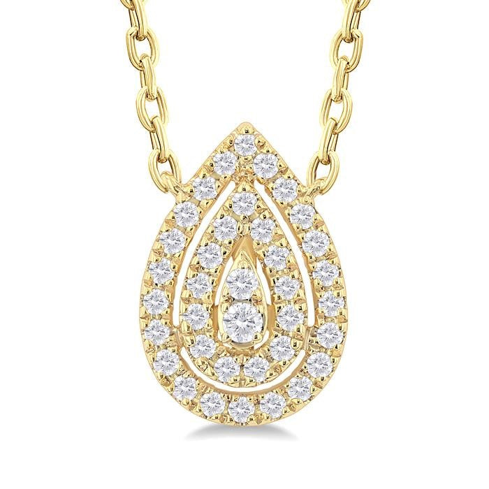 1/6 Ctw Double Halo Pear Shape Petite Round Cut Diamond Fashion Pendant With Chain in 10K Yellow Gold