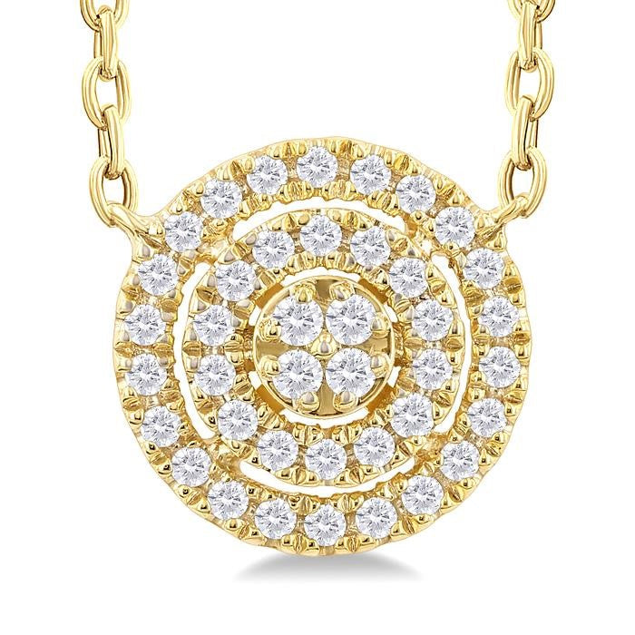 1/6 Ctw Double Halo Round Shape Petite Round Cut Diamond Fashion Pendant With Chain in 10K Yellow Gold