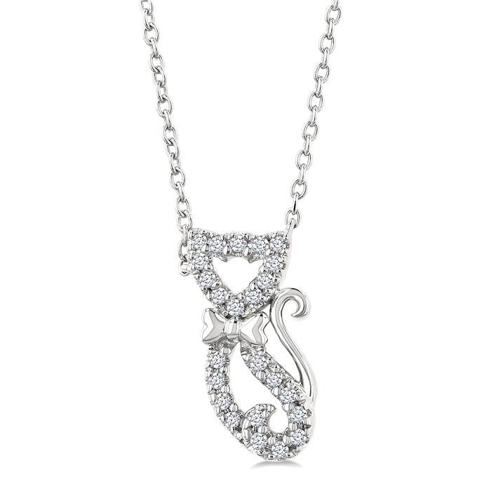 1/10 Ctw Cat Shape Petite Round Cut Diamond Fashion Pendant With Chain in 10K White Gold