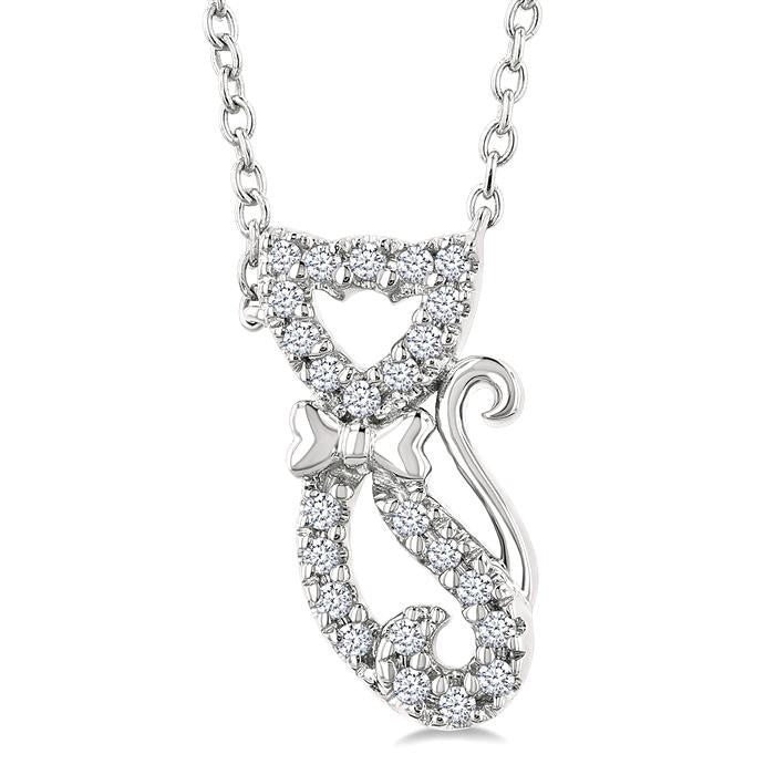 1/10 Ctw Cat Shape Petite Round Cut Diamond Fashion Pendant With Chain in 10K White Gold