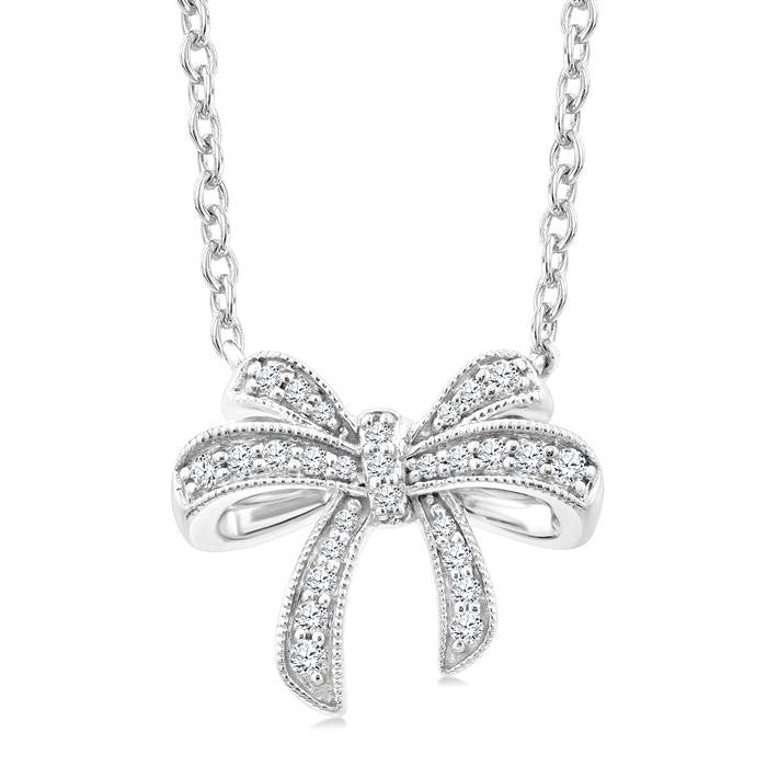 1/6 Ctw Bow Round Cut Diamond Petite Fashion Pendant With Chain in 10K White Gold