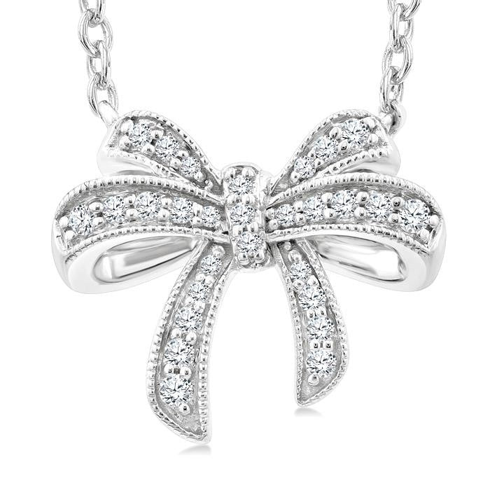 1/6 Ctw Bow Round Cut Diamond Petite Fashion Pendant With Chain in 10K White Gold