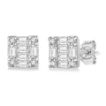 1/6 Ctw Square Shape Baguette and Round Cut Diamond Petite Fashion Earrings in 14K White Gold.