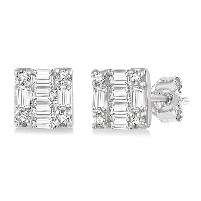1/6 Ctw Square Shape Baguette and Round Cut Diamond Petite Fashion Earrings in 14K White Gold.