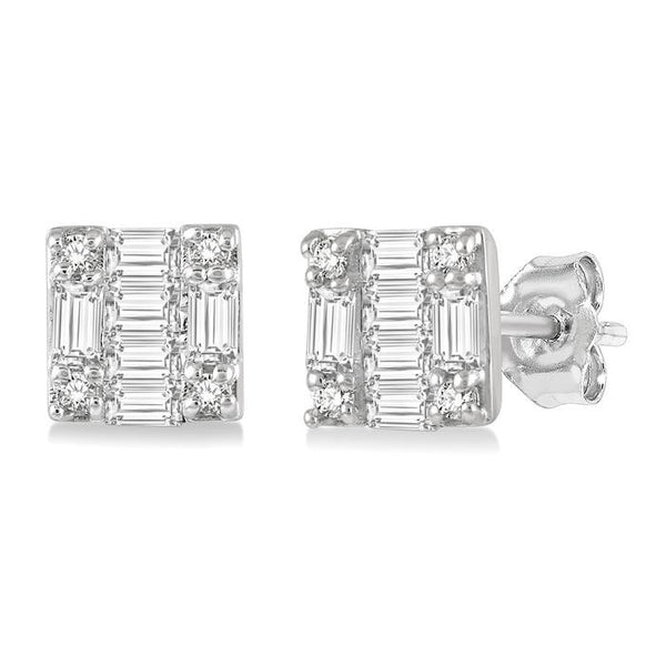 1/6 Ctw Square Shape Baguette and Round Cut Diamond Petite Fashion Earrings in 14K White Gold.