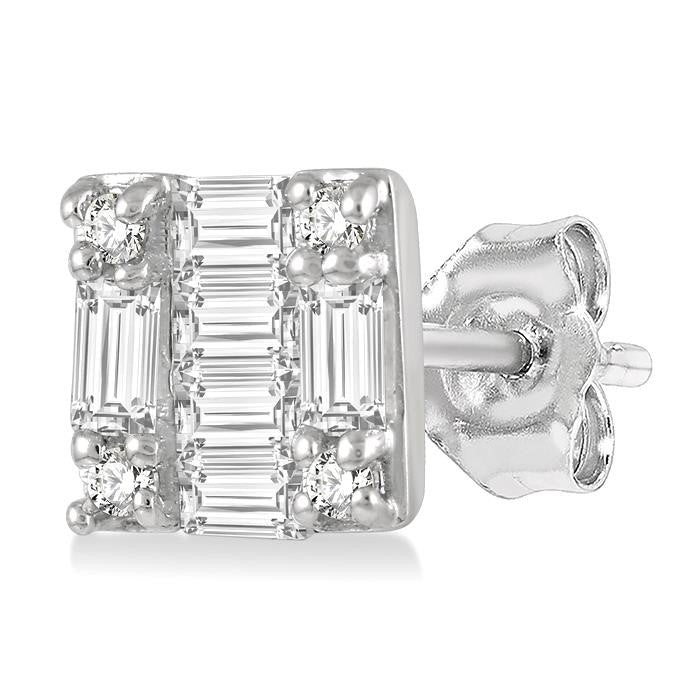 1/6 Ctw Square Shape Baguette and Round Cut Diamond Petite Fashion Earrings in 14K White Gold.