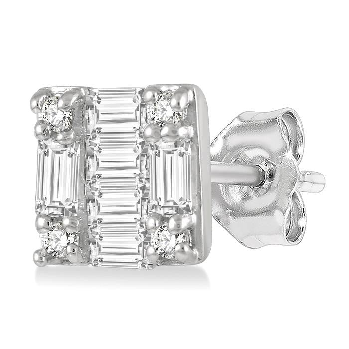 1/6 Ctw Square Shape Baguette and Round Cut Diamond Petite Fashion Earrings in 10K White Gold.