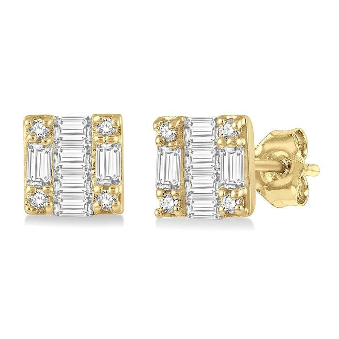 1/6 Ctw Square Shape Baguette and Round Cut Diamond Petite Fashion Earrings in 10K Yellow Gold.