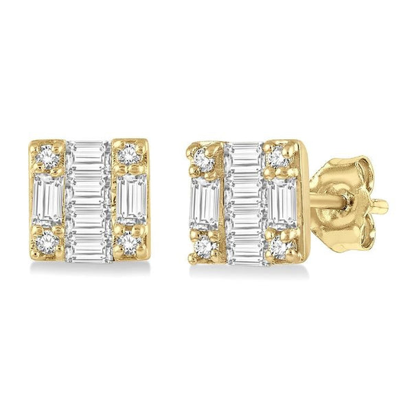 1/6 Ctw Square Shape Baguette and Round Cut Diamond Petite Fashion Earrings in 10K Yellow Gold.