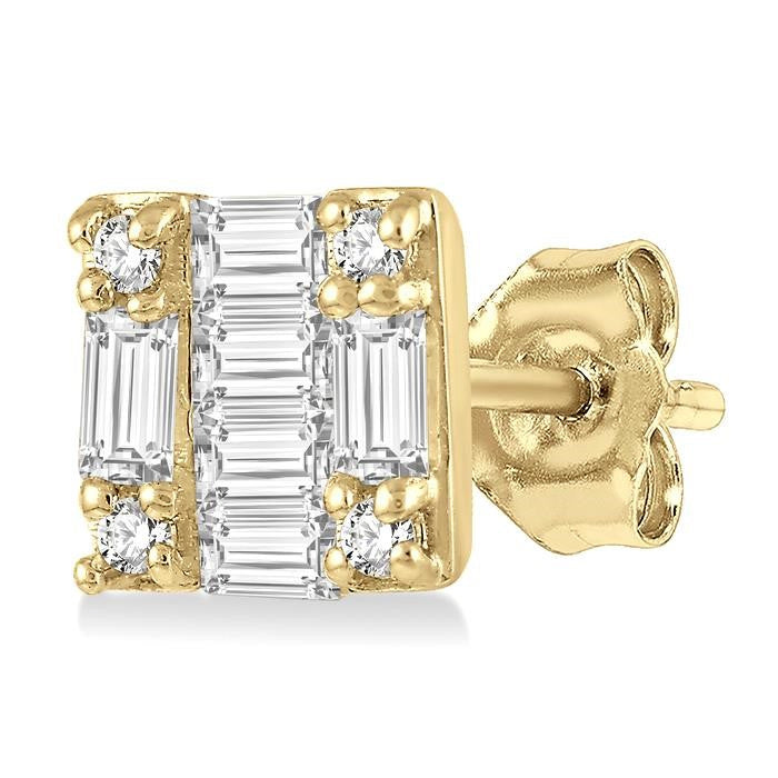 1/6 Ctw Square Shape Baguette and Round Cut Diamond Petite Fashion Earrings in 10K Yellow Gold.