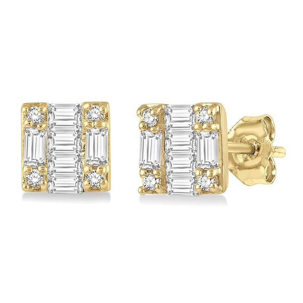 1/6 Ctw Square Shape Baguette and Round Cut Diamond Petite Fashion Earrings in 10K Yellow Gold.