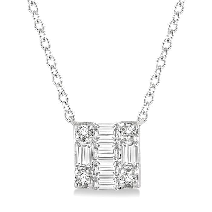 1/8 Ctw Square Shape Baguette and Round Cut Diamond Petite Fashion Pendant With Chain in 10K White Gold