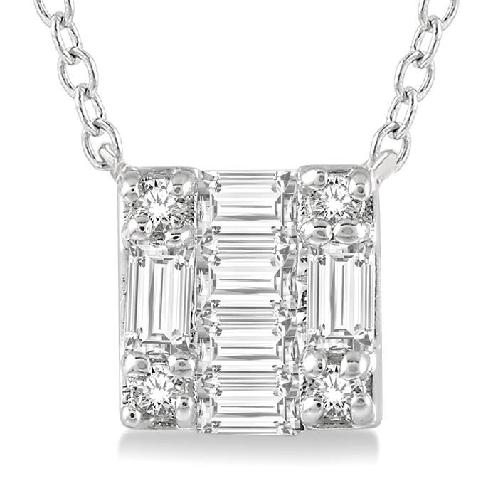 1/8 Ctw Square Shape Baguette and Round Cut Diamond Petite Fashion Pendant With Chain in 10K White Gold