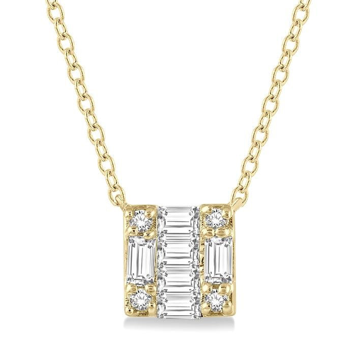 1/8 Ctw Square Shape Baguette and Round Cut Diamond Petite Fashion Pendant With Chain in 10K Yellow Gold