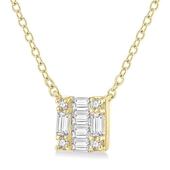 1/8 Ctw Square Shape Baguette and Round Cut Diamond Petite Fashion Pendant With Chain in 10K Yellow Gold
