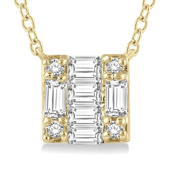 1/8 Ctw Square Shape Baguette and Round Cut Diamond Petite Fashion Pendant With Chain in 10K Yellow Gold
