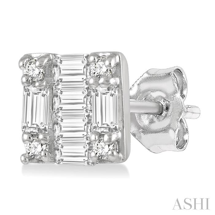 1/6 Ctw Square Shape Baguette and Round Cut Diamond Petite Fashion Earrings in 14K White Gold.