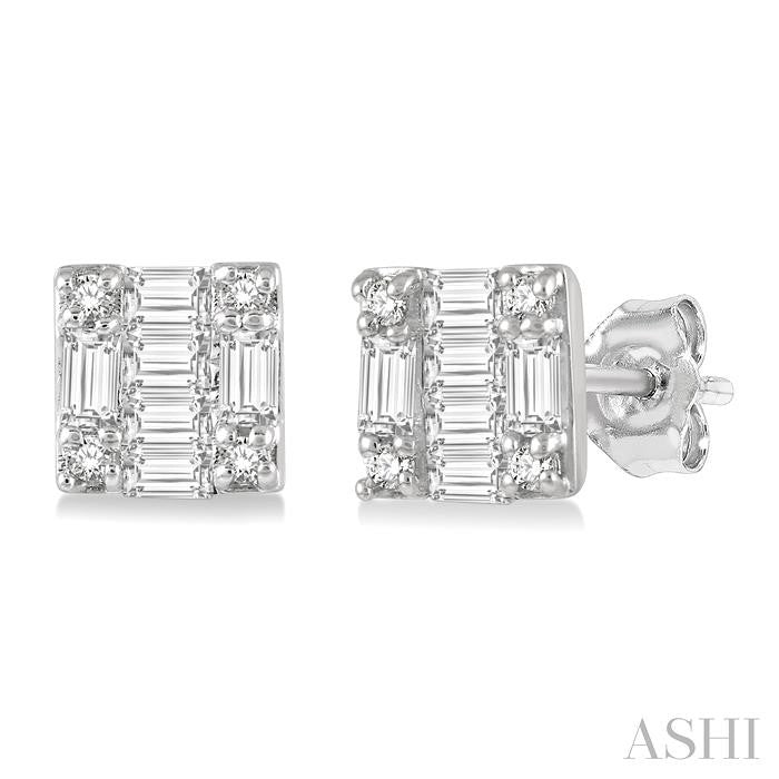 1/6 Ctw Square Shape Baguette and Round Cut Diamond Petite Fashion Earrings in 14K White Gold.