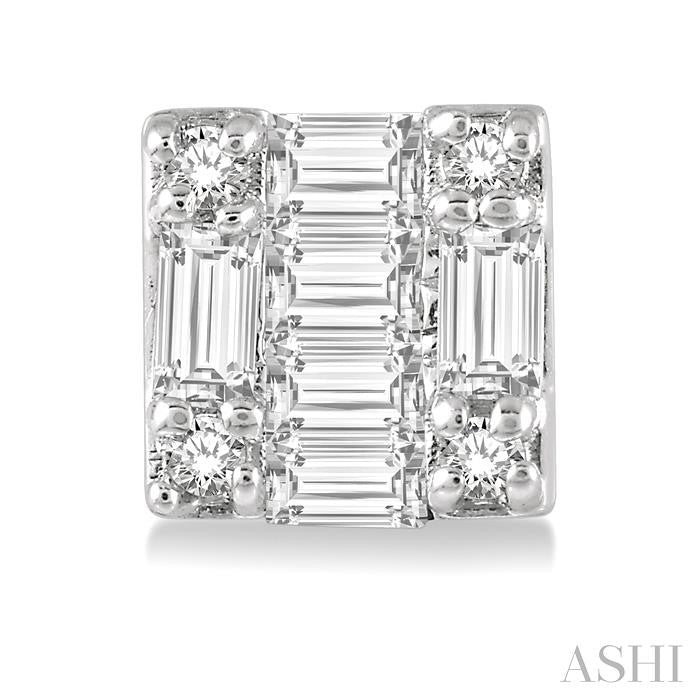 1/6 Ctw Square Shape Baguette and Round Cut Diamond Petite Fashion Earrings in 14K White Gold.