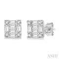 1/6 Ctw Square Shape Baguette and Round Cut Diamond Petite Fashion Earrings in 10K White Gold.