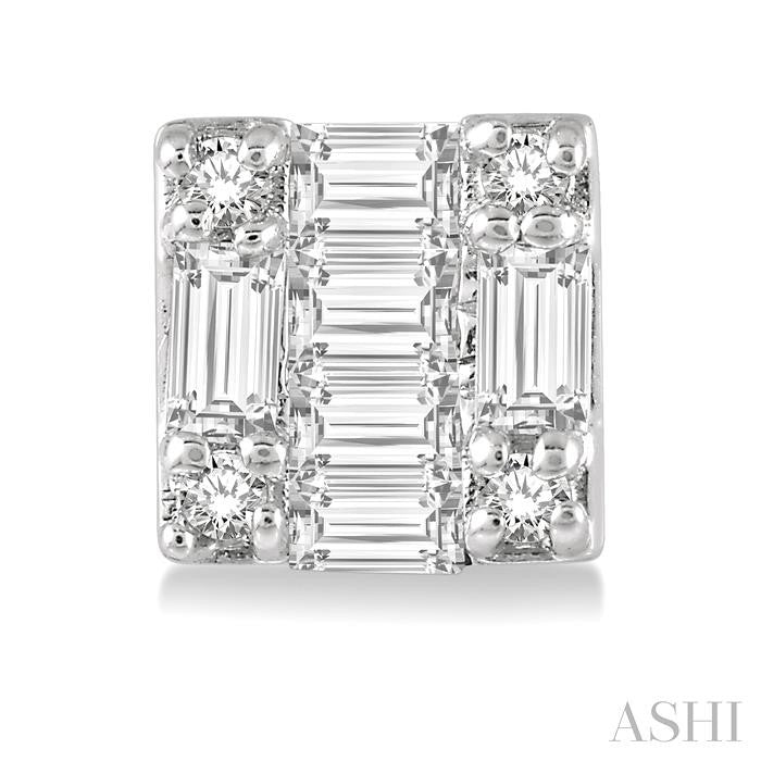 1/6 Ctw Square Shape Baguette and Round Cut Diamond Petite Fashion Earrings in 10K White Gold.