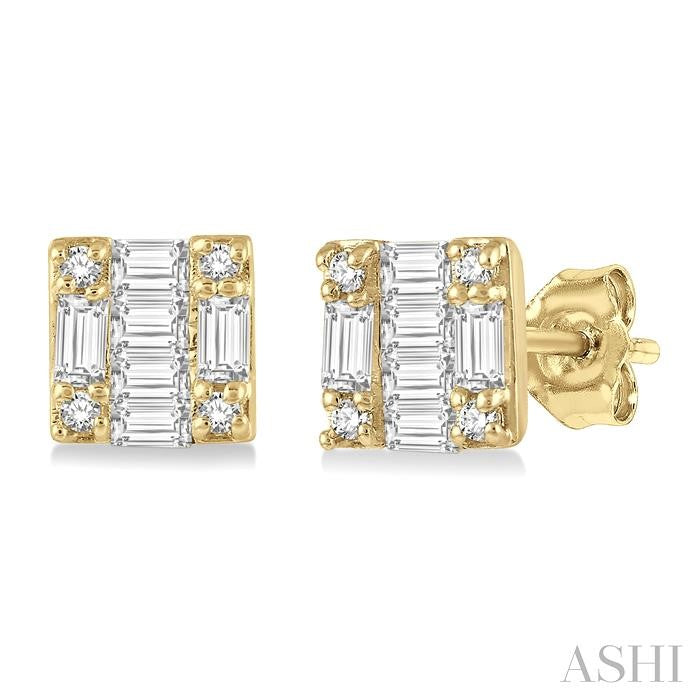 1/6 Ctw Square Shape Baguette and Round Cut Diamond Petite Fashion Earrings in 10K Yellow Gold.