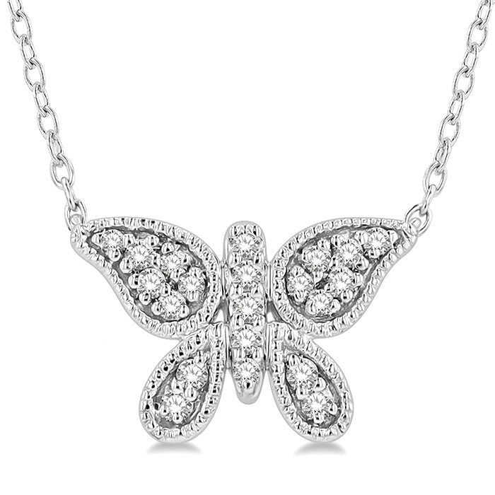 1/10 Ctw Butterfly Petite Round Cut Diamond Fashion Pendant With Chain in 10K White Gold
