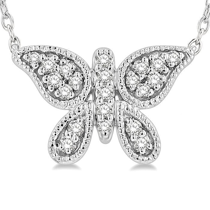 1/10 Ctw Butterfly Petite Round Cut Diamond Fashion Pendant With Chain in 10K White Gold