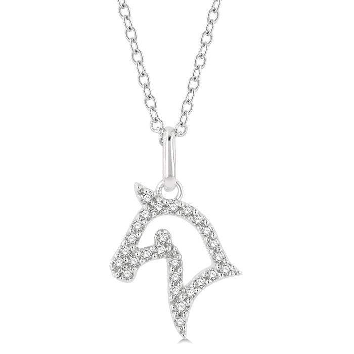 1/10 Ctw Horse Head Petite Round Cut Diamond Fashion Pendant With Chain in 10K White Gold