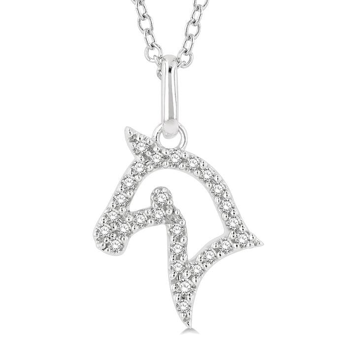 1/10 Ctw Horse Head Petite Round Cut Diamond Fashion Pendant With Chain in 10K White Gold