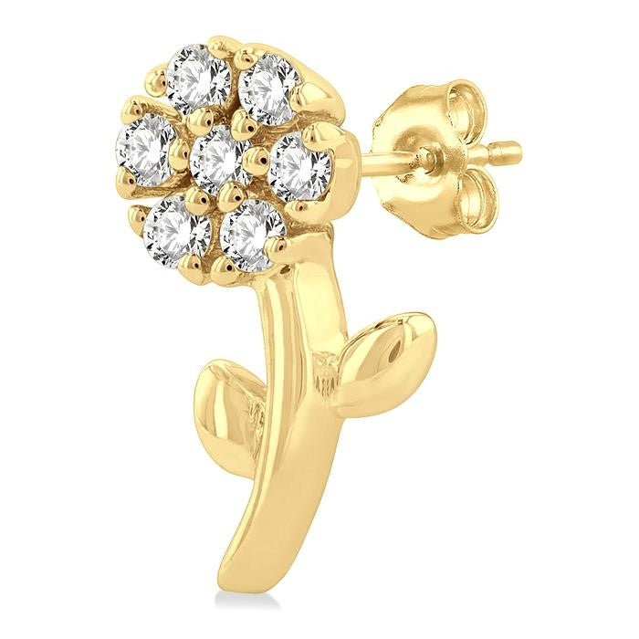 1/8 Ctw Floral Round Cut Diamond Petite Fashion Stud Earrings in 10K Yellow Gold