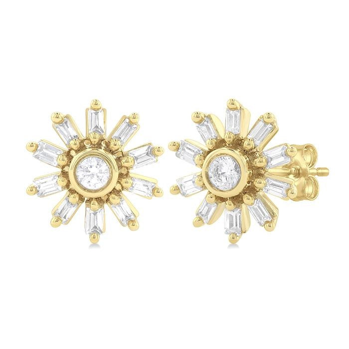 1/4 Ctw Petite Wheel Baguette and Round Cut Diamond Fashion Stud Earrings in 10K Yellow Gold