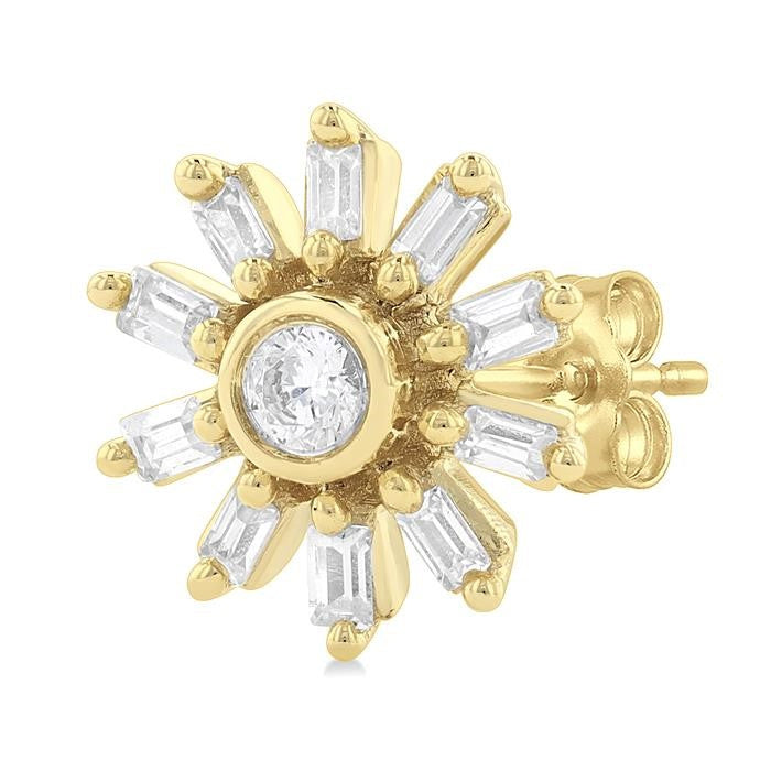 1/4 Ctw Petite Wheel Baguette and Round Cut Diamond Fashion Stud Earrings in 10K Yellow Gold