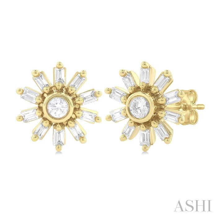1/4 Ctw Petite Wheel Baguette and Round Cut Diamond Fashion Stud Earrings in 10K Yellow Gold