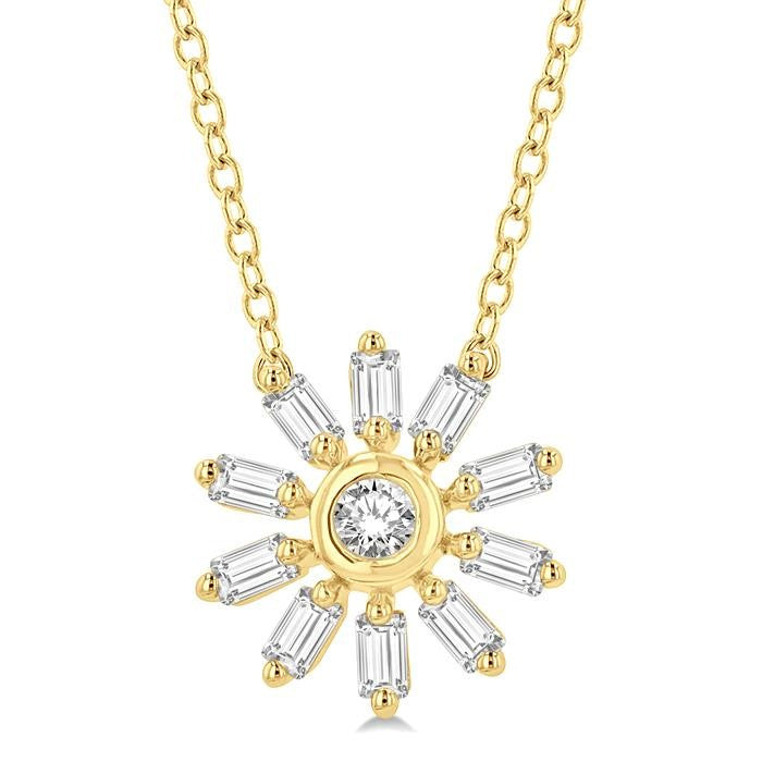 1/6 Ctw Petite Wheel Baguette and Round Cut Diamond Fashion Pendant With Chain in 10K Yellow Gold