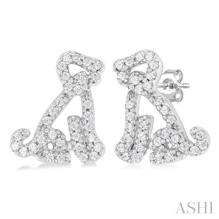 1/5 Ctw Petite Seated Dog Round Cut Diamond Fashion Stud Earrings in 10K White Gold