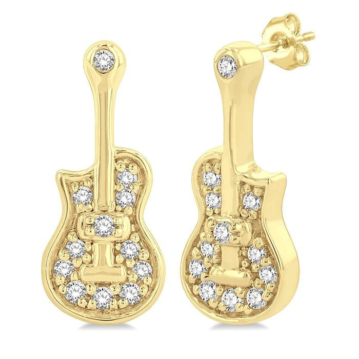 1/10 Ctw Petite Guitar Round Cut Diamond Fashion Stud Earrings in 10K Yellow Gold